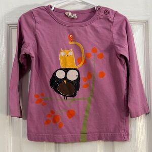 Mini Boden Baby Girl Purple Long Sleeve Tee with Owl Cat & Bird Graphic